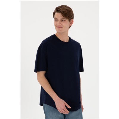 Erkek Long Fit Bisiklet Yaka Lacivert Basic Tişört
