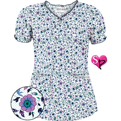 UA Ditzy Bouquet Navy Keyhole Print Scrub Top