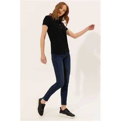 Kadın Siyah Basic Polo Yaka Tişört