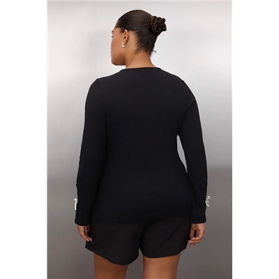 Siyah Fiyonk ve Cut Out Detaylı Bisiklet Yaka Slim/Vücuda Oturan Örme Bluz TBBAW26AF00023