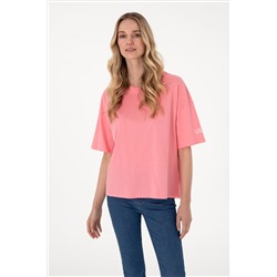 Kadın Pembe Oversize Bisiklet Yaka Tişört
