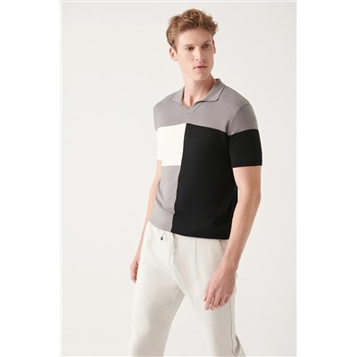 Avva Gri Pamuklu Düğmesiz Polo Yaka Blok Renkli Ribanalı Regular Fit Triko T-shirt A31Y5126