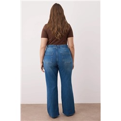 Mavi Yüksek Bel Paçası Kesikli Straight Fit Denim Büyük Beden Jeans TBBAW26CJ00033