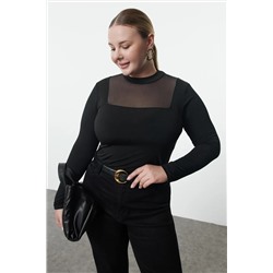 Siyah Fitted/Vücuda Oturan Tül Detaylı Uzun Kollu Dik Yaka Esnek Çıtçıtlı Örme Body TBBAW25CS00003