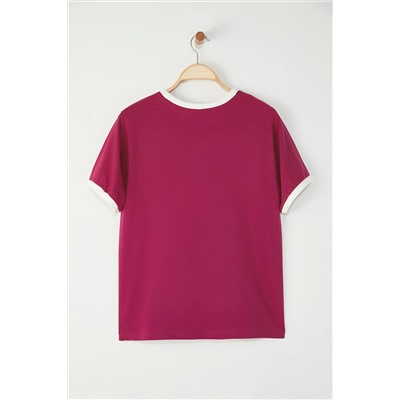 Koyu Vişne Bisiklet Yaka Basklı Örme Büyük Beden T-Shirt TBBSS25BF00014