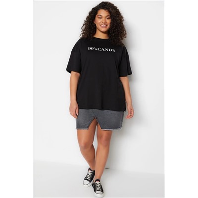 Siyah Geniş Kalıp Baskılı Bisiklet Yaka %100 Pamuk Örme T-shirt TBBSS23BF00015