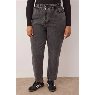 Gri Yüksek Bel Beli Lastikli Büyük Beden Mom Jeans TBBAW23JE00002