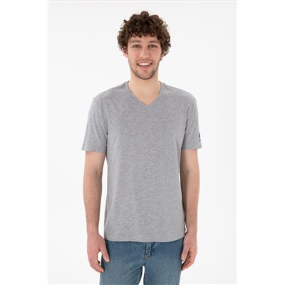 Erkek Regular Fit  V Yaka Gri Melanj Basic Tişört
