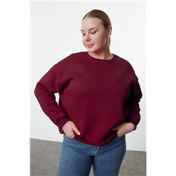 Bordo Oversize/Rahat Kesim Basic Bisiklet Yaka Kalın/İçi polarlı Örme Sweatshirt TBBAW25AO00008