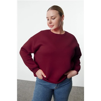 Bordo Oversize/Rahat Kesim Basic Bisiklet Yaka Kalın/İçi polarlı Örme Sweatshirt TBBAW25AO00008