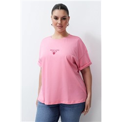 Pembe Baskılı Oversize %100 Pamuk Örme T-shirt TBBSS24BF00011