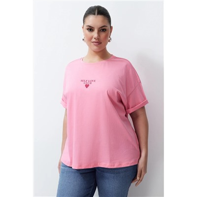 Pembe Baskılı Oversize %100 Pamuk Örme T-shirt TBBSS24BF00011