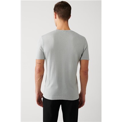 Gri Bisiklet Yaka Pamuklu Regular Fit Standart Kesim İnce Triko T-Shirt