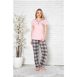 Meba Kadın %100 Pamuk Kumaş Kısa Koluu Alt Ekoseli Pembe Pijama Takımı 3063