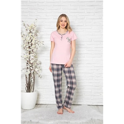 Meba Kadın %100 Pamuk Kumaş Kısa Koluu Alt Ekoseli Pembe Pijama Takımı 3063