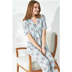 Siyah İnci Yeşil Sarmaşık Desenli Örme Düğmeli Pijama Takımı 7644