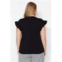 Siyah Bisiklet Yaka Kolları Fırfırlı %100 Pamuk Örme T-Shirt TBBSS23BF00006