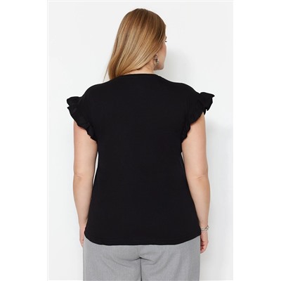 Siyah Bisiklet Yaka Kolları Fırfırlı %100 Pamuk Örme T-Shirt TBBSS23BF00006