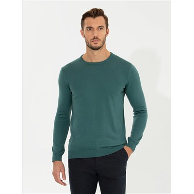 Yeşil Slim Fit Bisiklet Yaka Basic Triko Kazak
