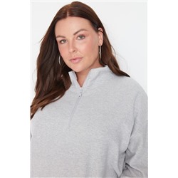 Gri Selanik/Triko Görünümlü Fermuarlı Yaka Regular/Normal Kalıp Örme Sweatshirt TBBAW23AO00006