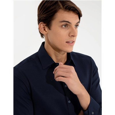 Lacivert Slim Fit Armürlü Klasik Gömlek