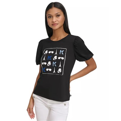 KARL LAGERFELD PARIS Women's Puff-Sleeve Logo Top