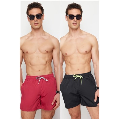 TRENDYOL MAN Siyah - Bordo 2'li Paket Basic Deniz Şortu TMNSS23DS00031