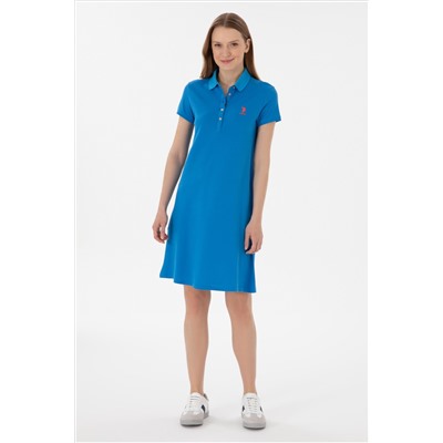 Kadın Saks Polo Yaka Mini Boy Örme Elbise