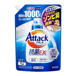 KAO Гель для стирки белья Attack EX Multi-Action ВСЕ В ОДНОМ Высокоэффективный многофункциональный антибактериальный для сушки в помещении, аромат свежести, 1000 гр. сменная упаковка с крышкой