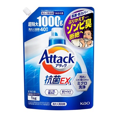 KAO Гель для стирки белья Attack EX Multi-Action ВСЕ В ОДНОМ Высокоэффективный многофункциональный антибактериальный для сушки в помещении, аромат свежести, 1000 гр. сменная упаковка с крышкой