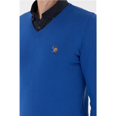 Erkek Slim Fit V Yaka Saks Basic Kazak