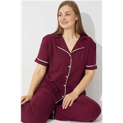Siyah İnci Mor Pamuklu Düğmeli Biyeli Curve Büyük Beden Battal Örme Pijama Takım 7618