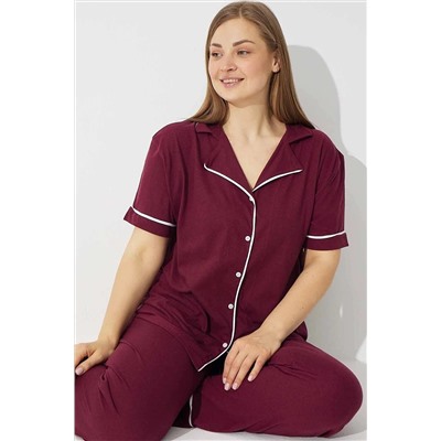 Siyah İnci Mor Pamuklu Düğmeli Biyeli Curve Büyük Beden Battal Örme Pijama Takım 7618