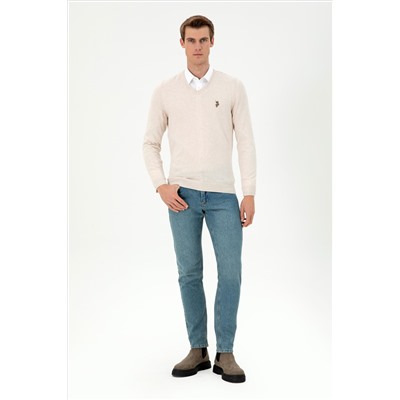 Erkek Slim Fit V Yaka Krem Melanj Basic Kazak