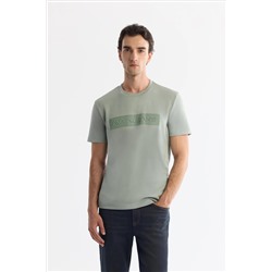 Mint Yeşil Bisiklet Yaka Baskılı Elastan T-Shirt