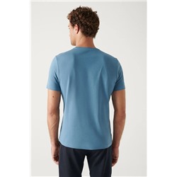 İndigo %100 Pamuk Nefes Alan Bisiklet Yaka T-Shirt