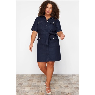 Koyu Mavi Kuşak Detaylı Mini Denim Gömlek Elbise TBBSS24AH00124