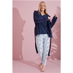 pijamacity 3'lü SET | Kışlık Kadın Lacivert Sabahlık Takımı 3lü-usoft-24