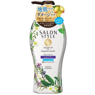 KOSE SALON STYLE air in smooth Шампунь разглаживающий, с экстрактами 5 трав для поврежденных тусклых волос, без силикона бутылка-дозатор 500 мл