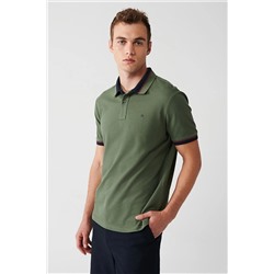Avva Erkek Haki Yakası Çizgili %100 Pamuk Standart Fit Normal Kesim 2 Düğmeli Polo Yaka T-shirt E001036