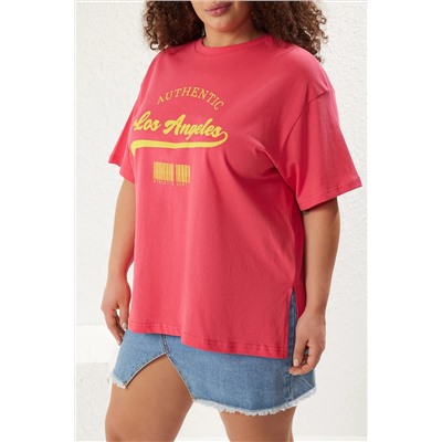 Pembe Geniş Kalıp Bisiklet Yaka Baskılı %100 Pamuk Örme T-shirt TBBSS23AH00131
