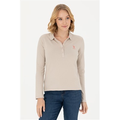 Kadın Bej Polo Yaka Basic Sweatshirt