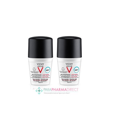 Vichy Homme Déodorant Anti-Transpirant 48h Anti-Traces Bille 2x50mlLot  × 2