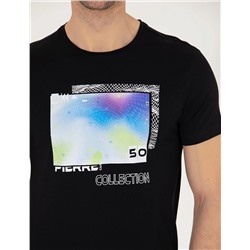 Siyah Slim Fit Baskılı Bisiklet Yaka Tişört