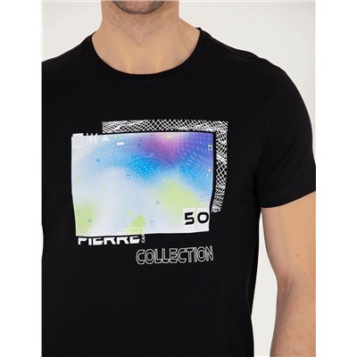 Siyah Slim Fit Baskılı Bisiklet Yaka Tişört