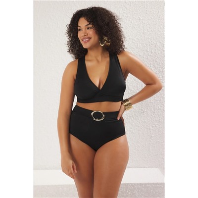 Siyah Yüksek Bel Belinde Aksesuar Detaylı Büyük Beden Bikini Altı TBBSS25CR00006