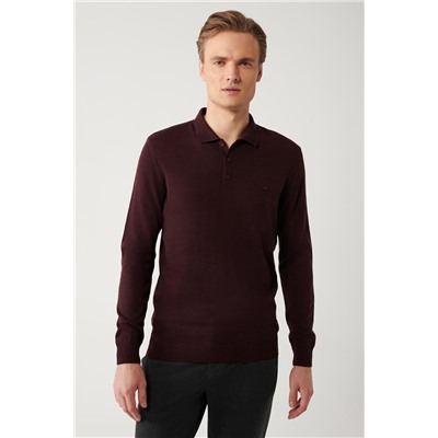 Bordo 3 Düğmeli Polo Yaka Regular Fit Standart Kesim Triko Kazak