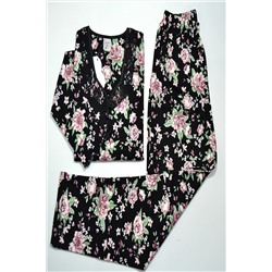 ANGELİNA Kadın Siyah Çiçekli Pamuklu Kalın Kışlık Uzunkol Dantel Yaka Pijama Takımı 42d04 TYC00483779756