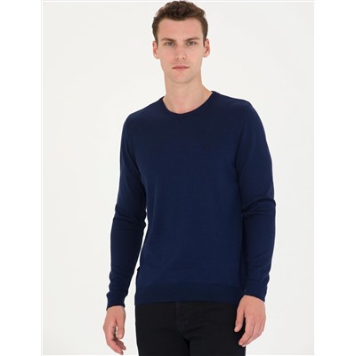 Açık Lacivert Slim Fit Bisiklet Yaka Basic Triko Kazak
