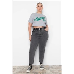 Trendyol Curve Gri Yüksek Bel Beli Lastikli Mom Jeans TBBAW23JE00002